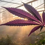 Close-up of a purple cannabis leaf backlit by sunlight in a greenhouse