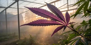 Close-up of a purple cannabis leaf backlit by sunlight in a greenhouse