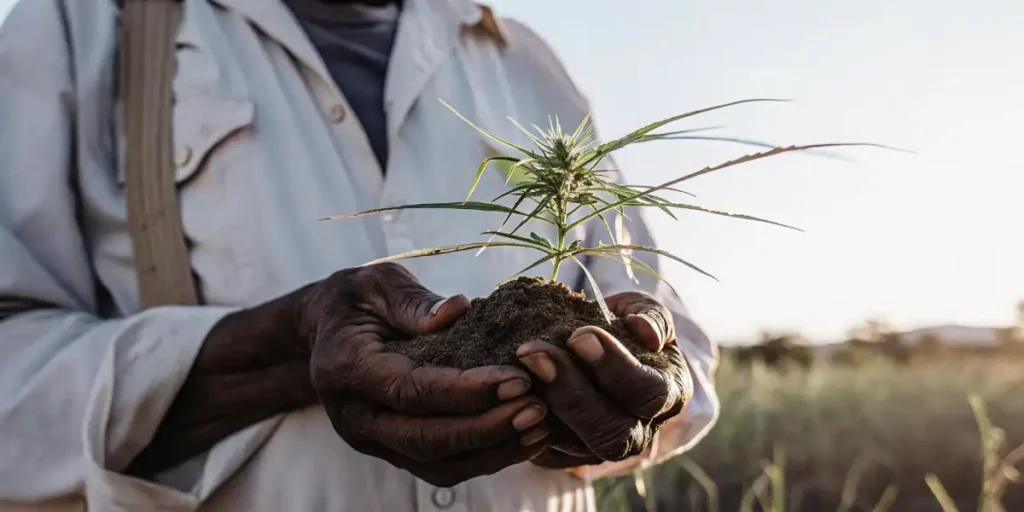 Elderly farmer holding a cannabis plant with soil in his weathered hands under soft sunlight.