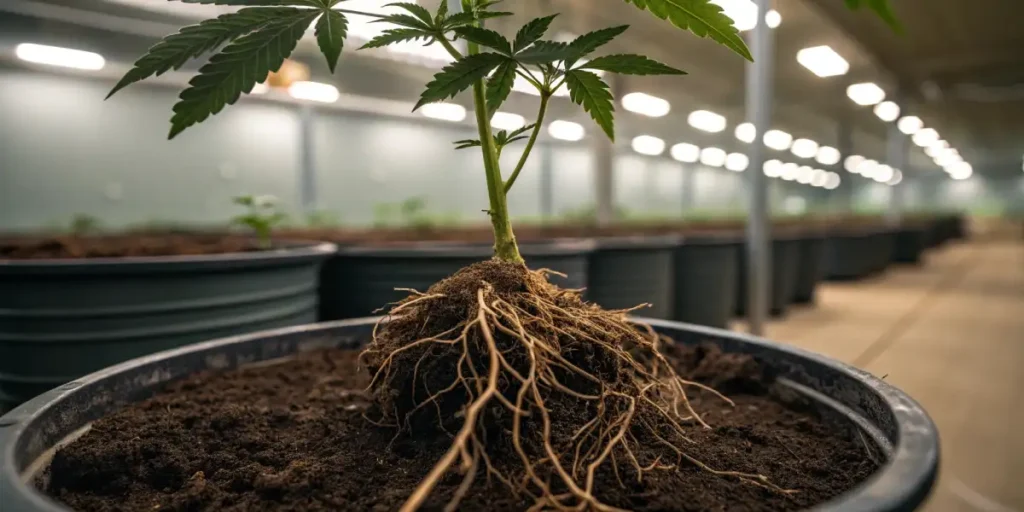 Cannabis plant in pot showing healthy roots exposed above dark soil in indoor grow room.