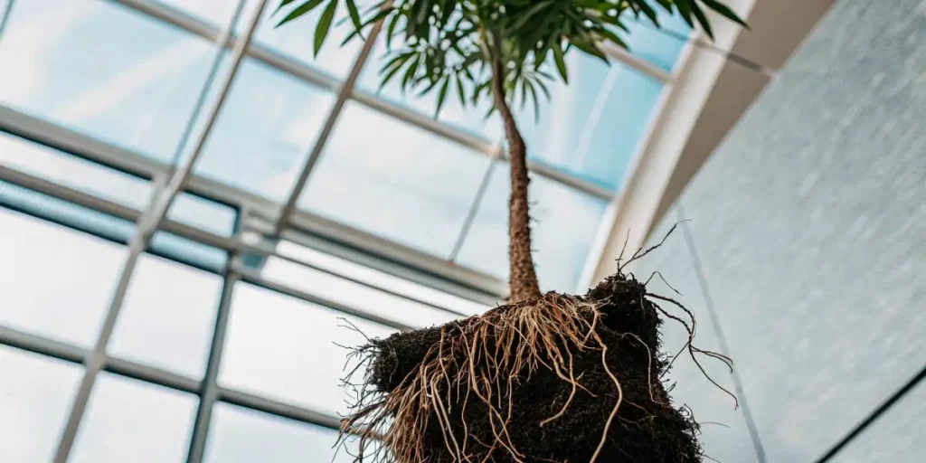 Cannabis plant with exposed roots and soil held up in a greenhouse with glass ceiling.