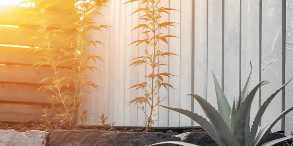 Cannabis plants growing near a wooden fence at sunset with warm golden sunlight.