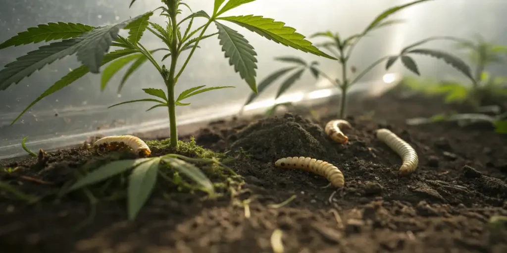Close-up of cannabis plant roots with white fungal growth and water droplets.