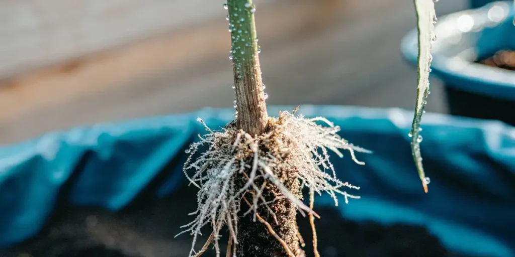 Cannabis root close-up with fine white roots and water droplets on the stem.