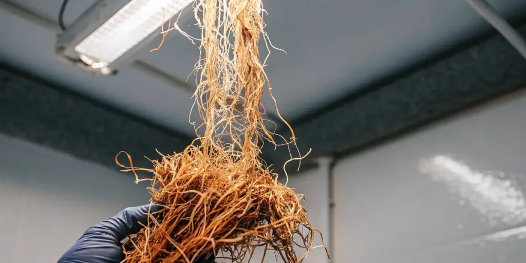 Freshly harvested cannabis roots held up indoors under bright artificial lighting.