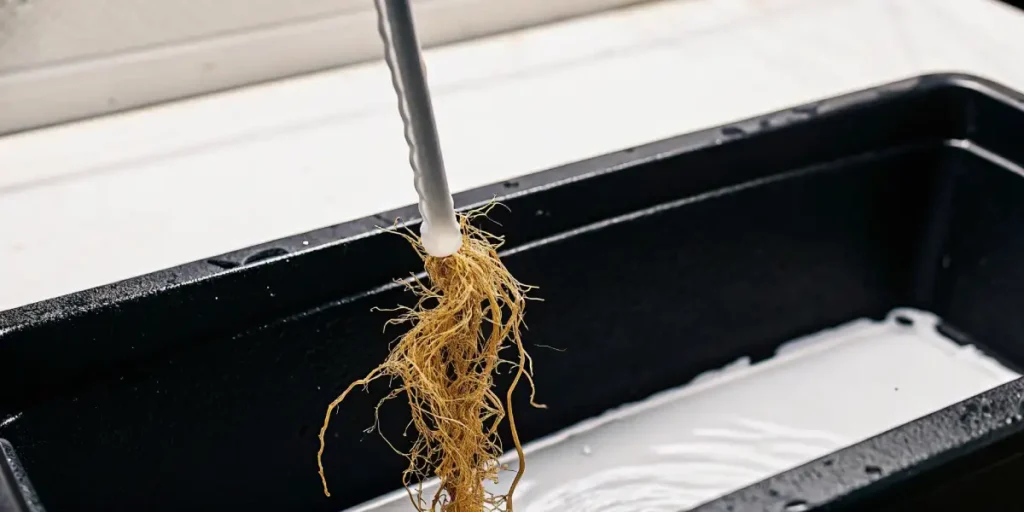 Cannabis roots hanging from a hydroponic system into a black container filled with nutrient solution.