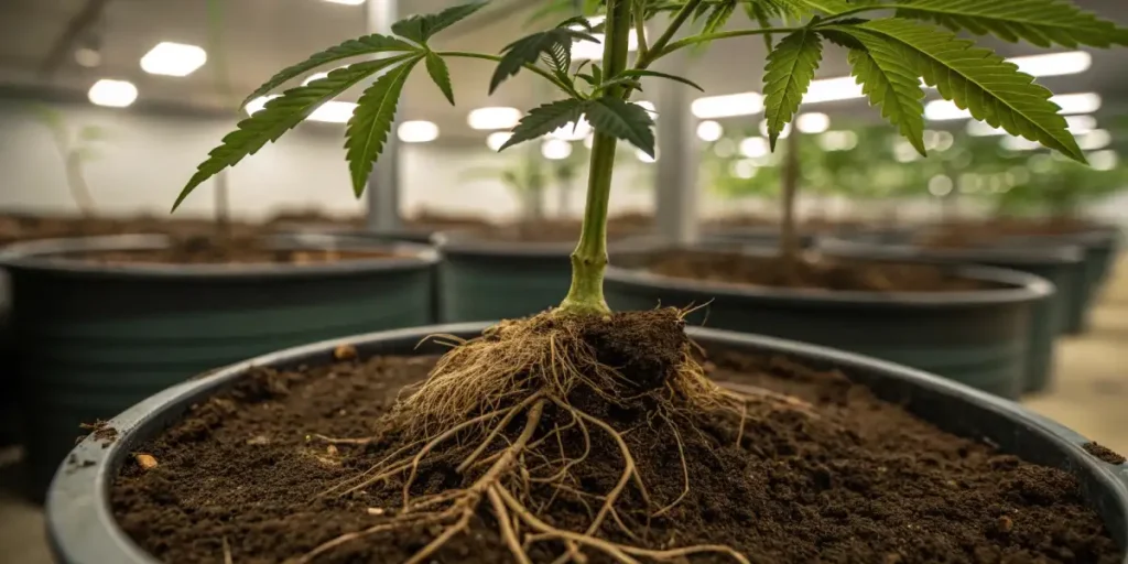 Cannabis roots in soil emerging from the base of a young plant in a grow room.