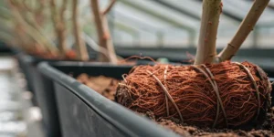 Cannabis plant roots tightly wrapped in soil and bands inside greenhouse pots.