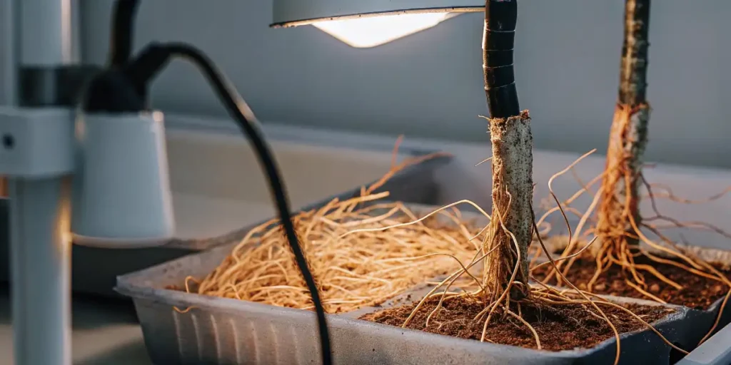 Exposed cannabis roots growing in trays under artificial grow light in a controlled environment.