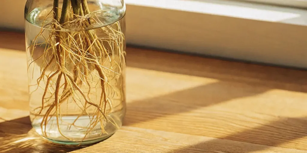 Cannabis roots submerged in water inside a clear jar under natural light.