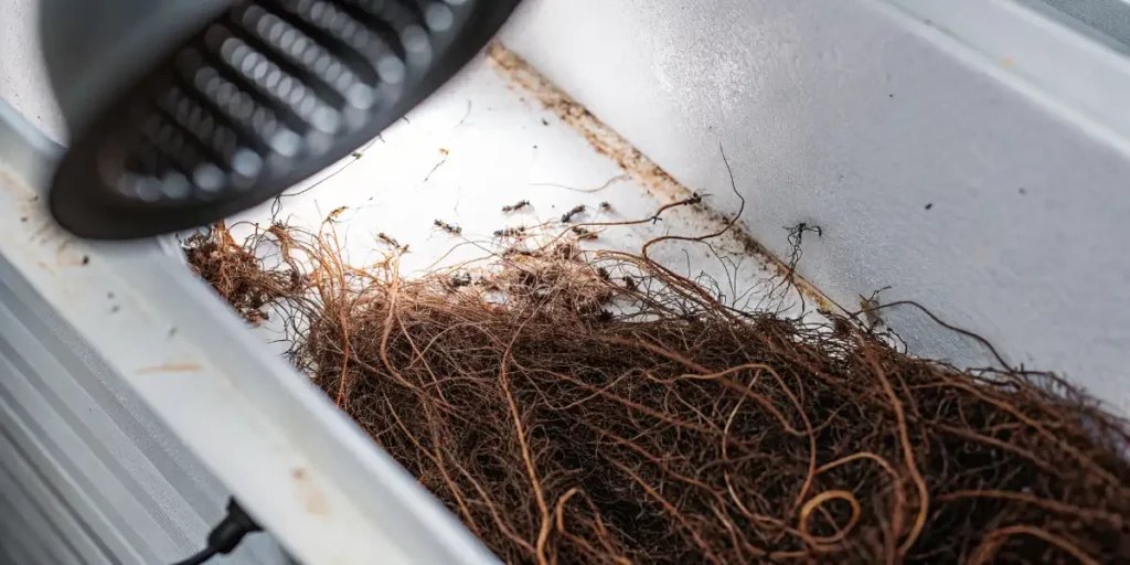 Mass of cannabis roots with small insects scattered in a white growing tray.