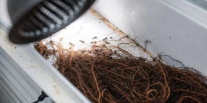 Mass of cannabis roots with small insects scattered in a white growing tray.