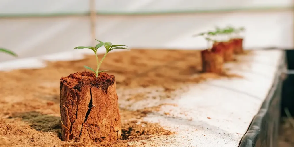 Cannabis seedlings growing in coco coir plugs placed on sandy soil.