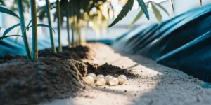 Cluster of insect eggs in soil between rows of young cannabis plants.