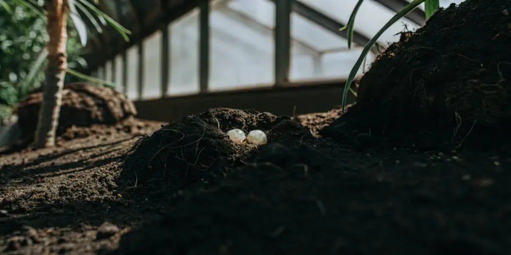 Insect eggs nestled in dark soil under shaded greenhouse conditions.