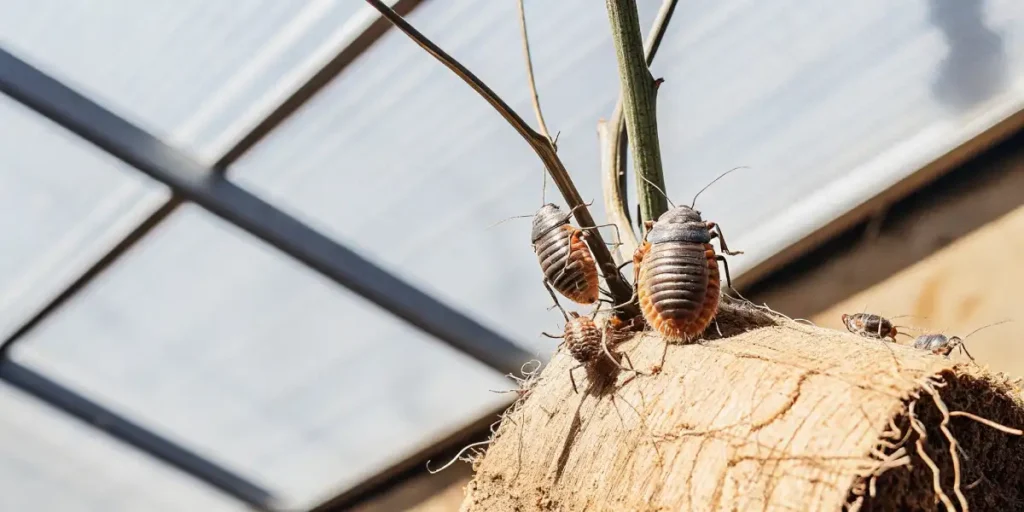 Soil-dwelling insects crawling on exposed cannabis roots inside a bright greenhouse.