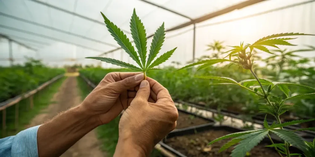 Hands inspecting a cannabis leaf inside a greenhouse during daylight