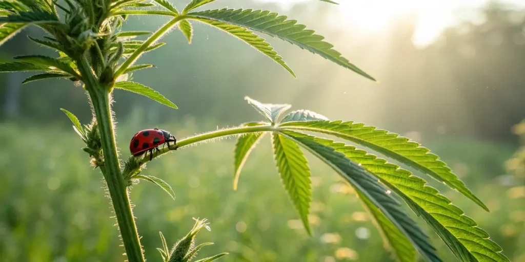Ladybug crawling on a cannabis plant stem in a sunlit outdoor environment