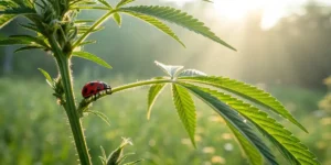 Ladybug crawling on a cannabis plant stem in a sunlit outdoor environment