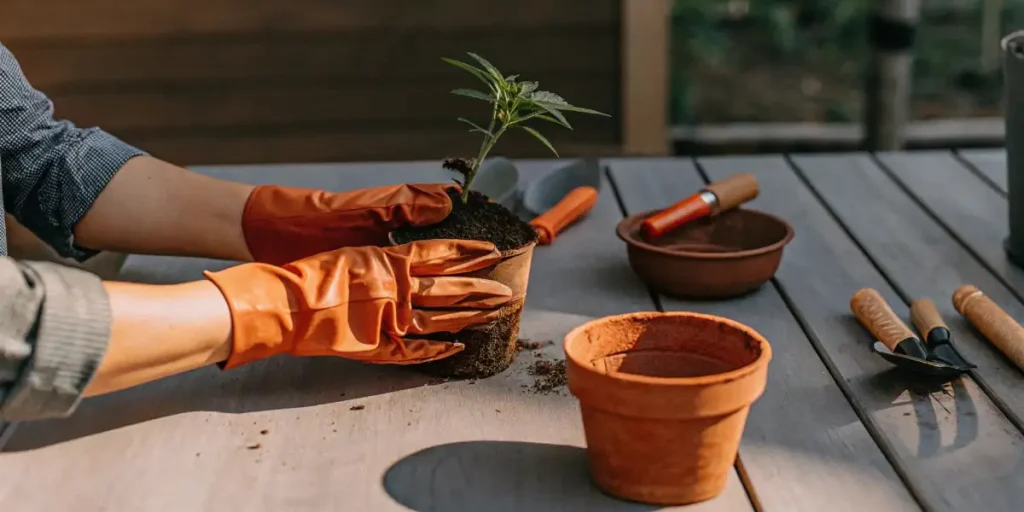 Planting cannabis seedling in a clay pot with gardening gloves.