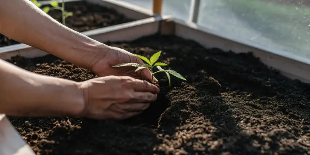 Hands planting a cannabis seedling into rich soil inside a greenhouse.