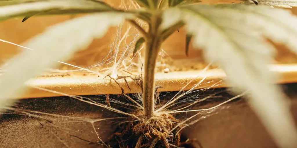 Spider mites and webs covering the stem and soil of a young cannabis plant.