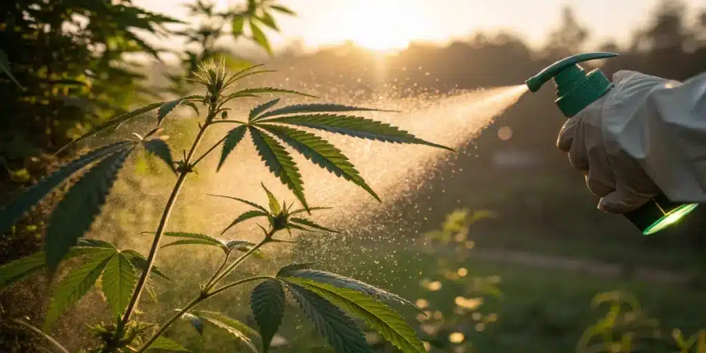Cannabis plant being gently misted with water in the evening light