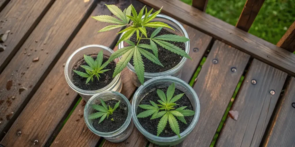 Gardener wearing gloves planting a cannabis clone into a small clay pot.