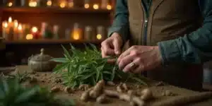 Preparing cannabis root for gout treatment in a herbal medicine workshop with warm lighting.