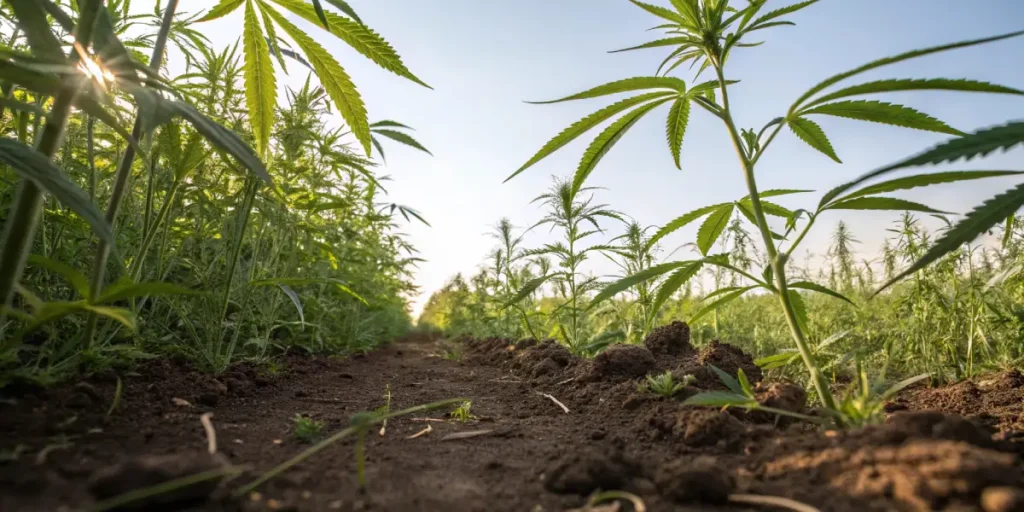Young cannabis plants growing in organic soil with morning sunlight filtering through the leaves.