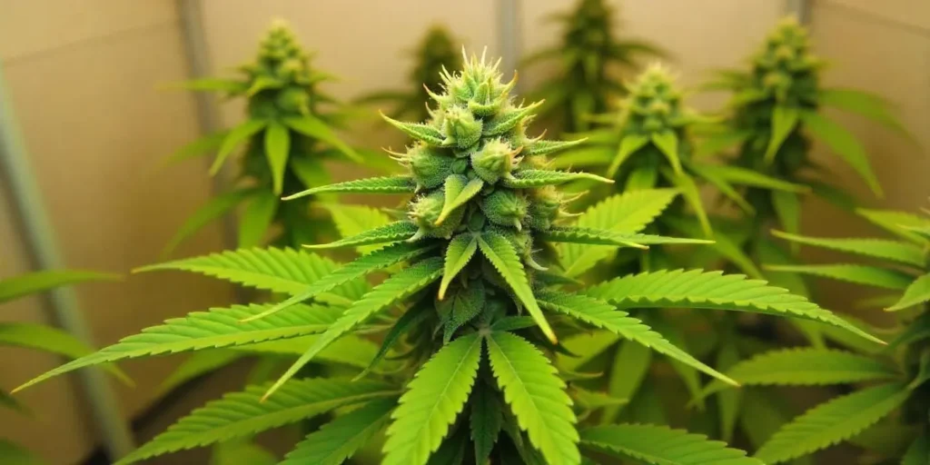 A flowering CBD Harlequin Kimbo Kush (12) plant indoors.