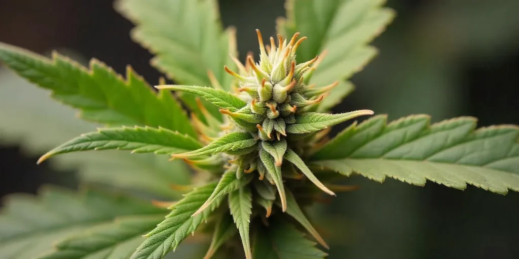 Artistic render of CBD Black Diesel (11) cannabis bud with deep green and amber tones.