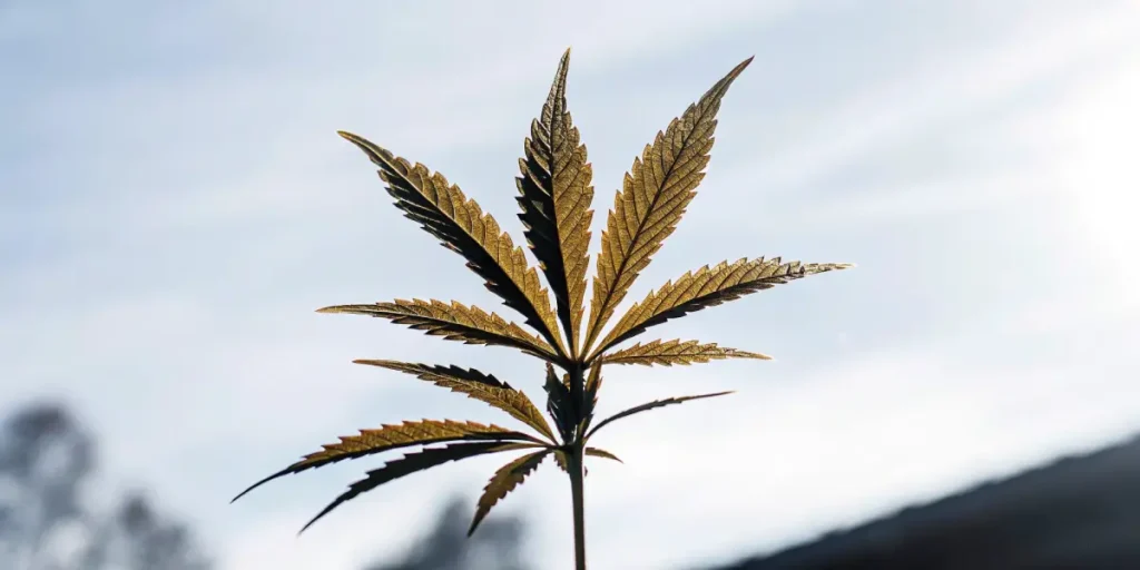 Macro shot of a cannabis leaf with visible veins, backlit by a bright, clear sky.