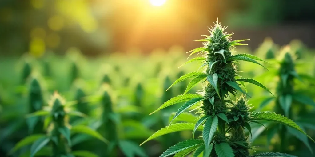 Blueberry CBD (116) in an outdoor field, bathed in the golden light of sunrise.