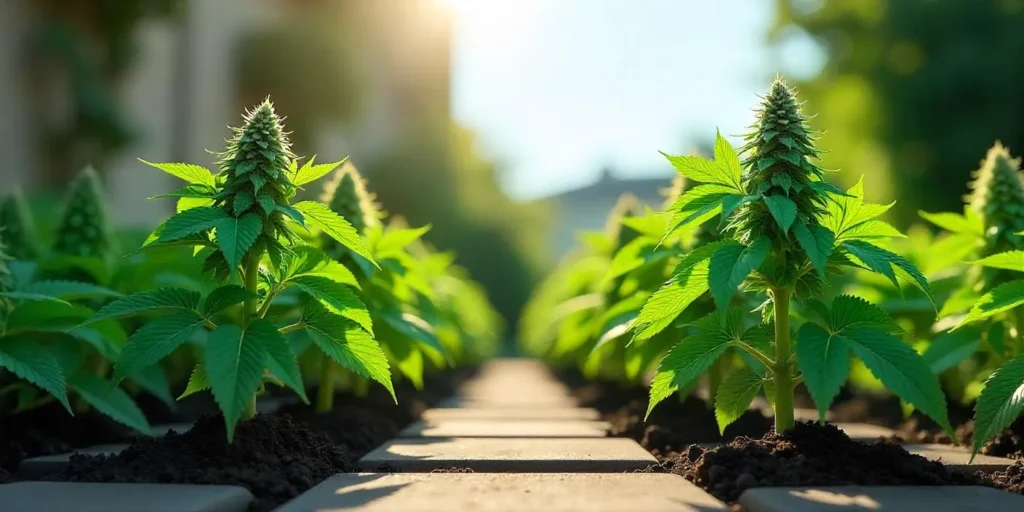 Blueberry CBD (116) thrives in structured garden rows, showcasing its vigorous outdoor growth potential.