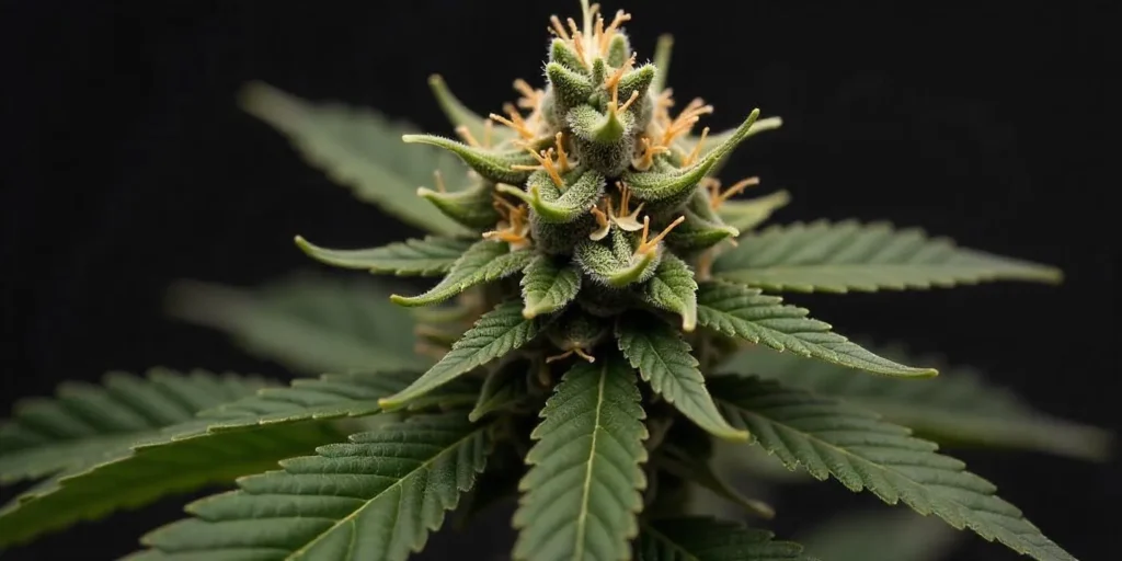 CBD Black Domina (11) reveals its trichome-rich surface and striking orange hairs.