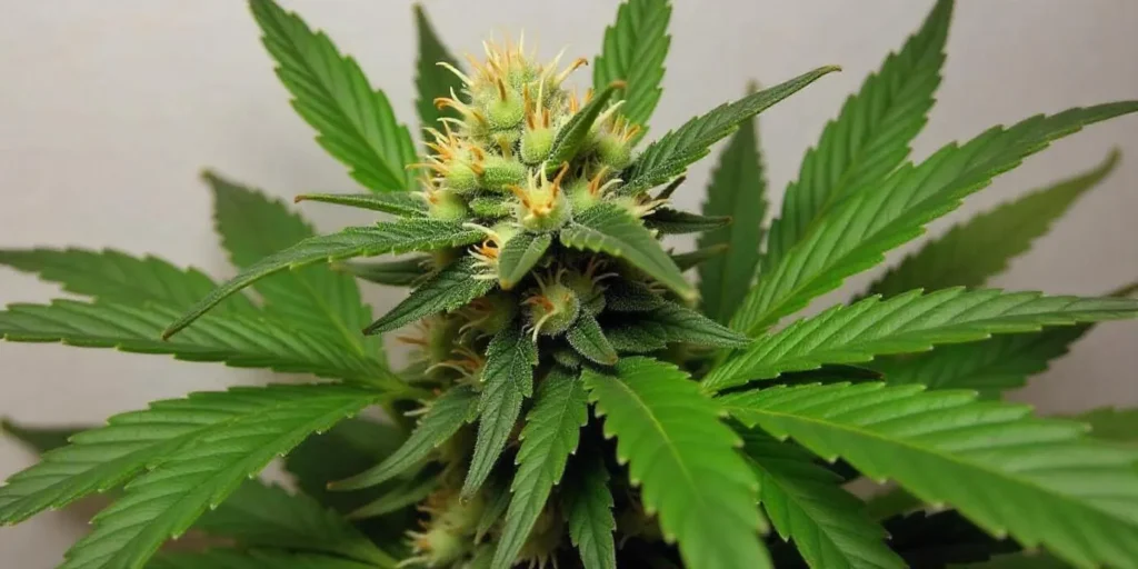 CBD Black Domina (11) cannabis plant with dense green buds and pistils.