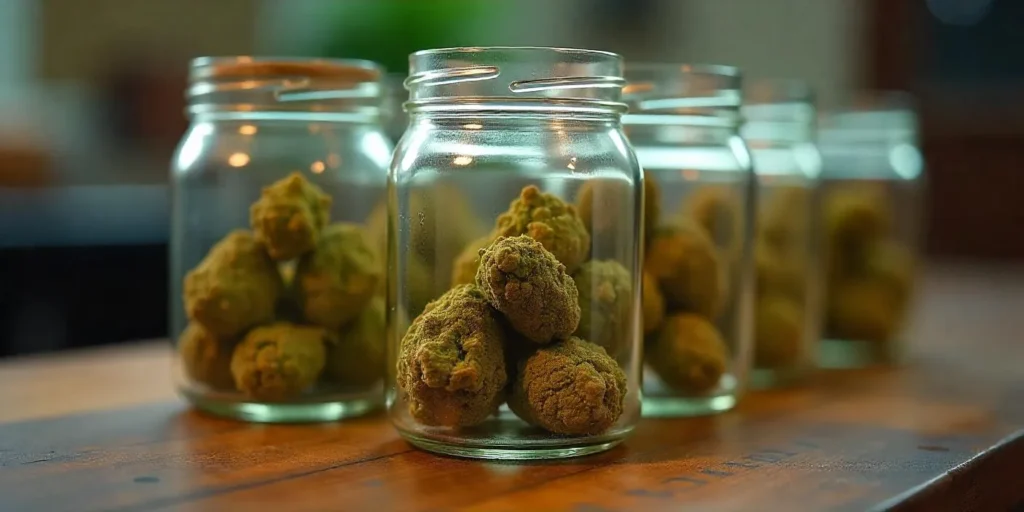 Glass jars filled with CBD Diesel (11) cannabis buds.