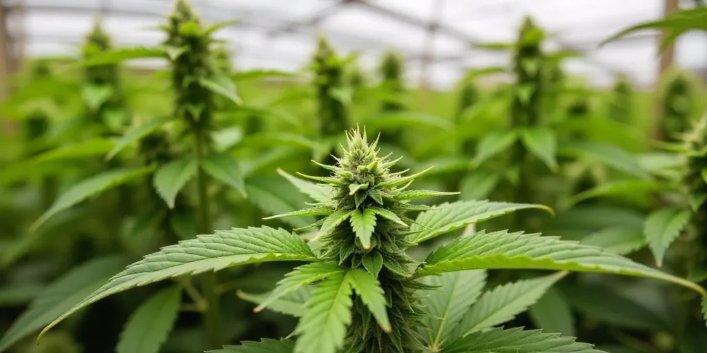 CBD Grape Pie (115) cannabis plant growing in greenhouse.