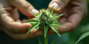 Hands gently examining a CBD Very Cherry Berry bud.