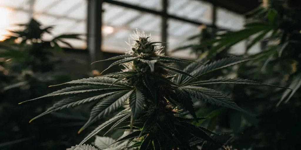 Close-up of a frosty cannabis bud with prominent trichomes and dark leaves, backlit in a greenhouse.