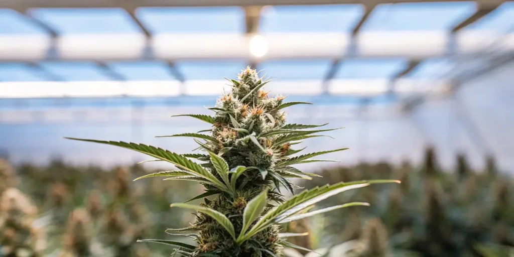 Detailed macro shot of a single cannabis bud covered in trichomes, growing under bright indoor lights.