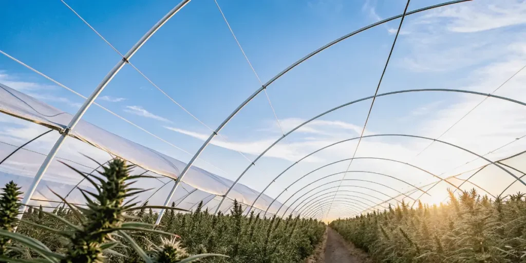 Wide-angle view of cannabis farm under blue sky, with greenhouse structure and golden sunrise.