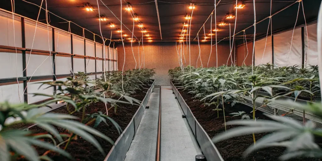 Wide-angle view of an indoor cannabis cultivation room with rows of plants under numerous orange grow lights.