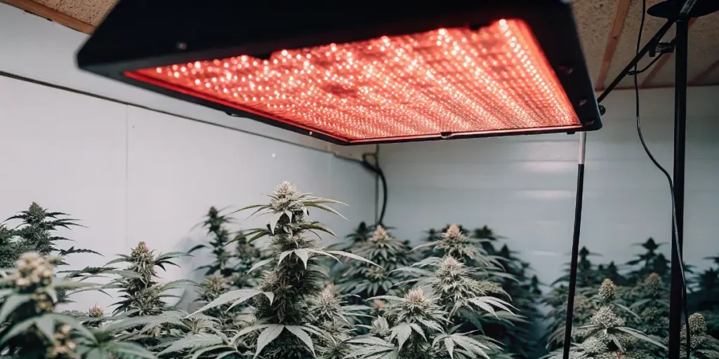 Indoor grow room with cannabis plants under an intense red LED grow light, showing developed buds.