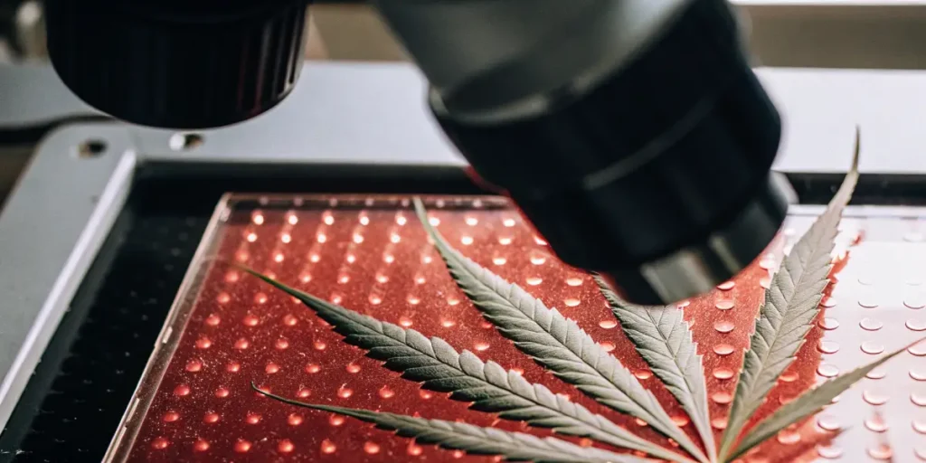 Macro view of a cannabis leaf on a textured red surface, with a microscope lens focused above it.
