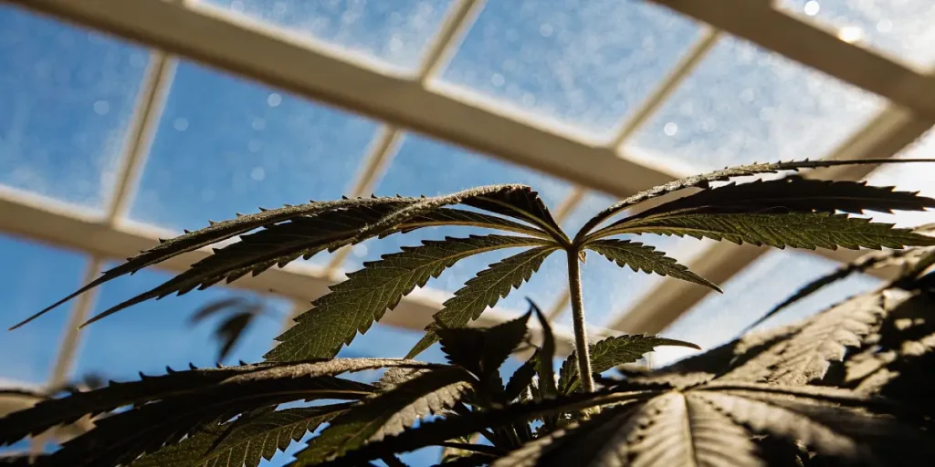 Close-up of a cannabis plant's leaves backlit by a bright blue sky through a greenhouse roof.