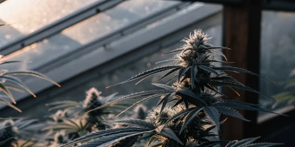 Close-up of a cannabis plant's frosty buds and leaves in a sunny greenhouse.