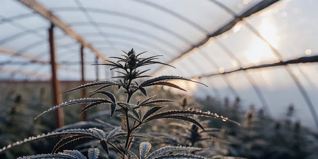Close-up of a frosty cannabis plant with visible trichomes inside a greenhouse with a clear roof.