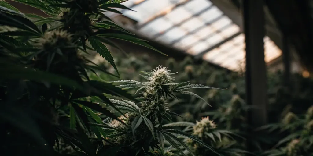 Close-up of a cannabis plant with light green, developing buds and leaves, in a greenhouse.